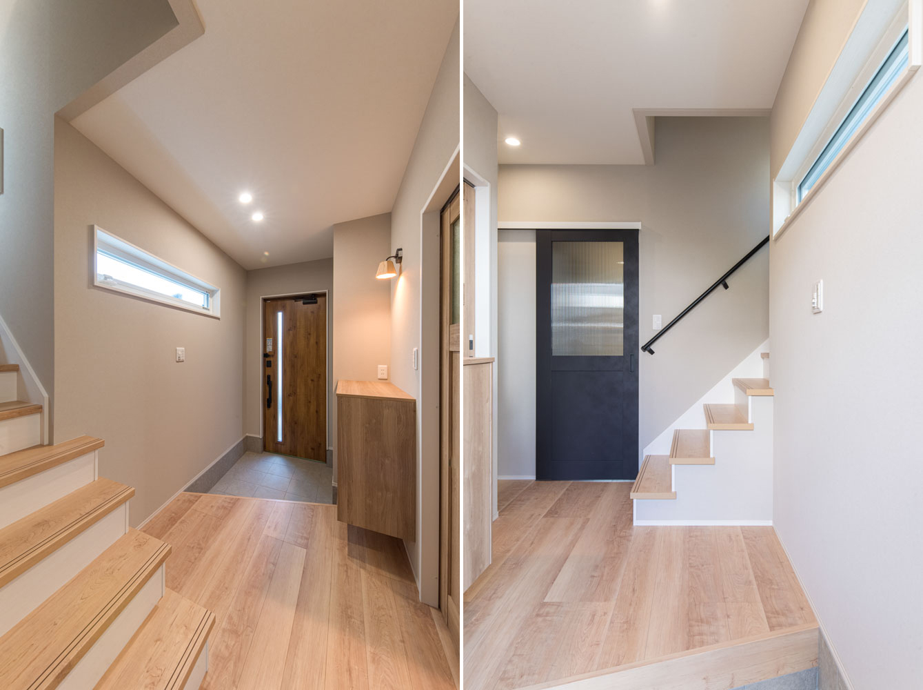 木目とグレージュで整えた、やさしいトーンの玄関ホール