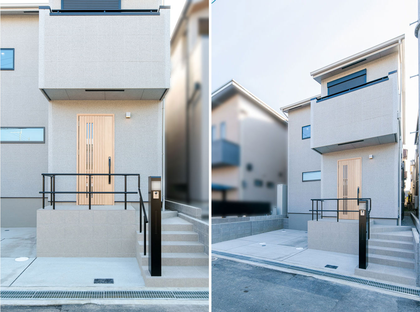 やわらかな色合いの外壁と、木目の玄関ドアが映える外観の住まい